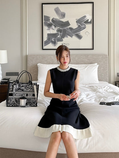 Heavily Embellished Beaded Color-Block Knitted Vest Dress