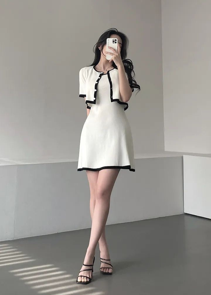 Elegant Short Sleeve Knitted Top + Slim Fit Suspender Dress Set