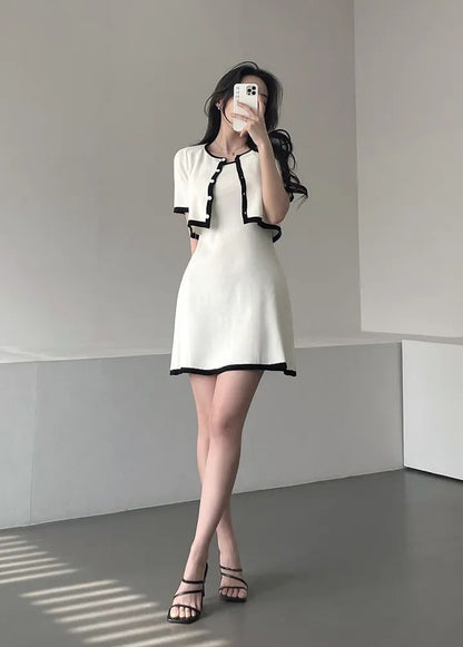 Elegant Short Sleeve Knitted Top + Slim Fit Suspender Dress Set