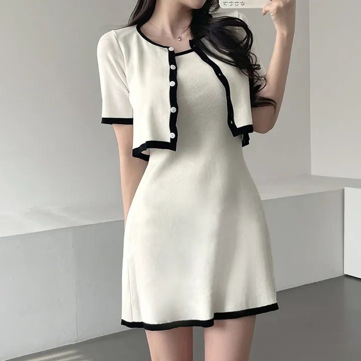 Elegant Short Sleeve Knitted Top + Slim Fit Suspender Dress Set