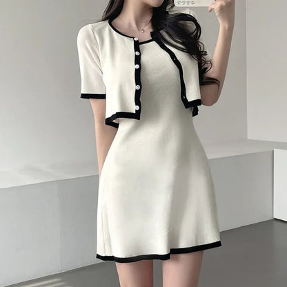 Elegant Short Sleeve Knitted Top + Slim Fit Suspender Dress Set
