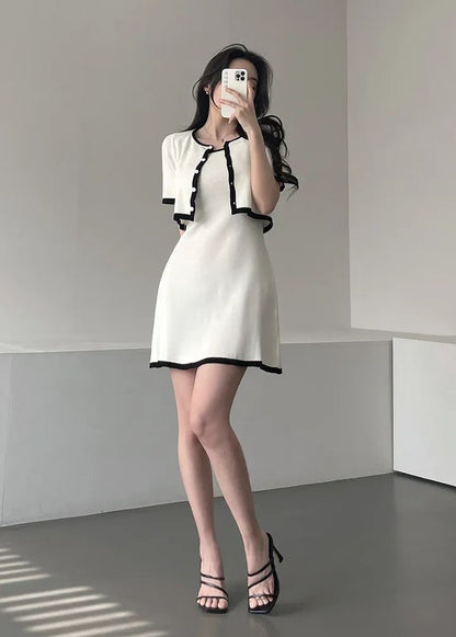 Elegant Short Sleeve Knitted Top + Slim Fit Suspender Dress Set