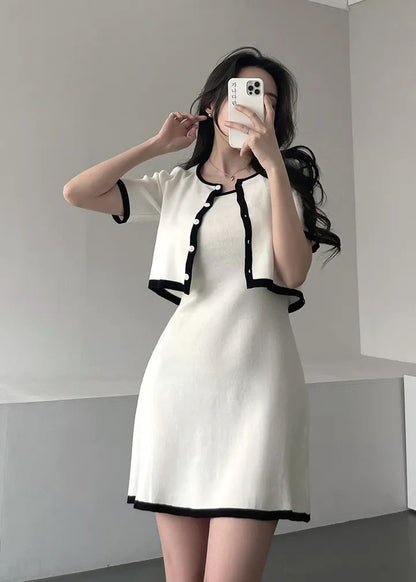 Elegant Short Sleeve Knitted Top + Slim Fit Suspender Dress Set