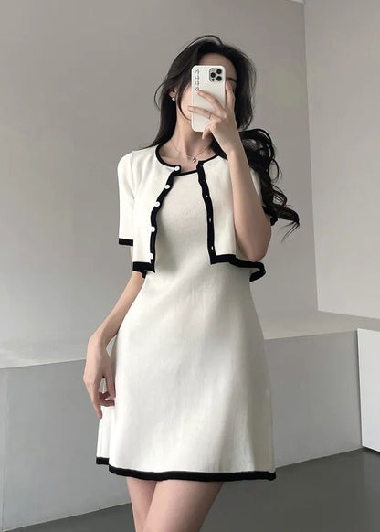 Elegant Short Sleeve Knitted Top + Slim Fit Suspender Dress Set