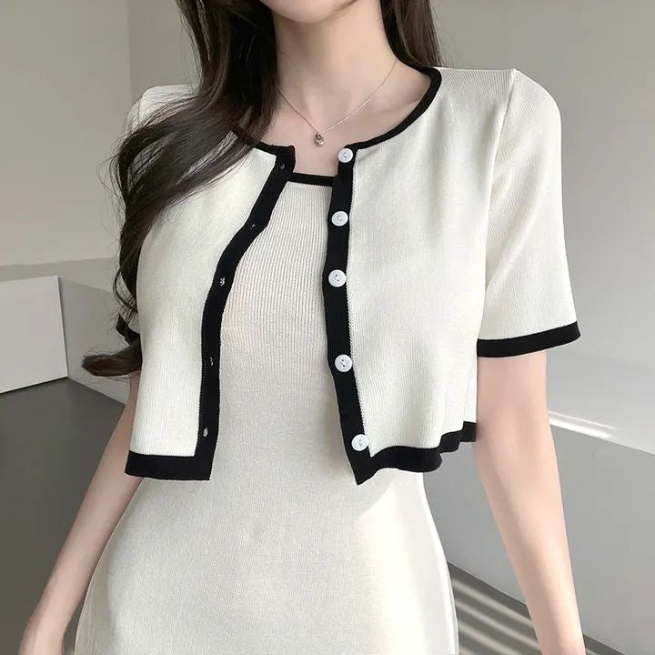 Elegant Short Sleeve Knitted Top + Slim Fit Suspender Dress Set