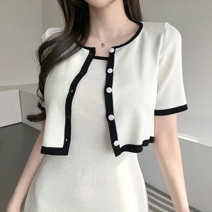 Elegant Short Sleeve Knitted Top + Slim Fit Suspender Dress Set