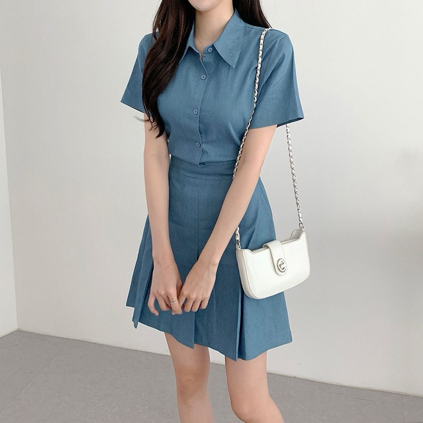 Collared Short Sleeve Waist-Cinching Slimming Set