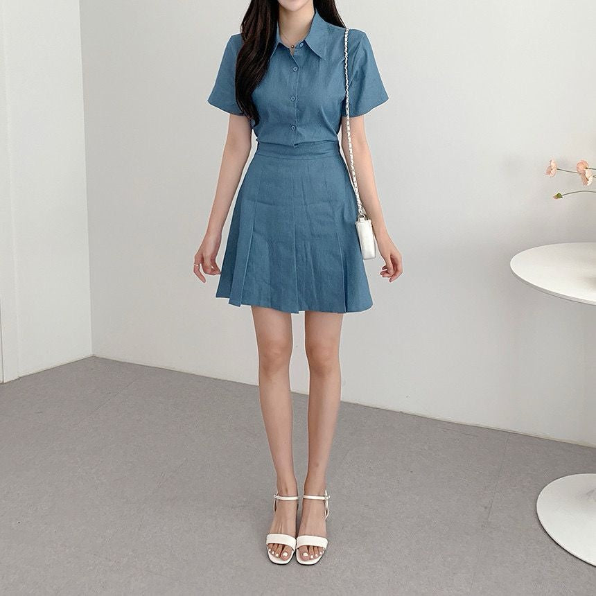 Collared Short Sleeve Waist-Cinching Slimming Set