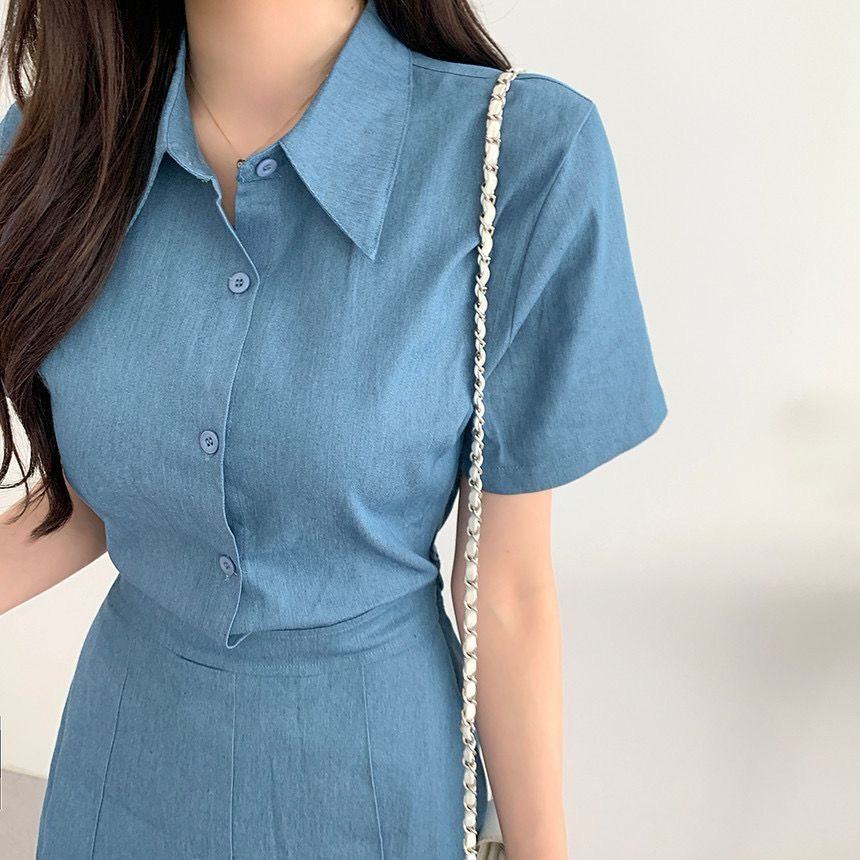 Collared Short Sleeve Waist-Cinching Slimming Set