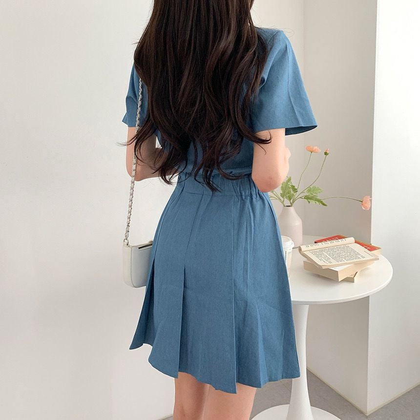 Collared Short Sleeve Waist-Cinching Slimming Set