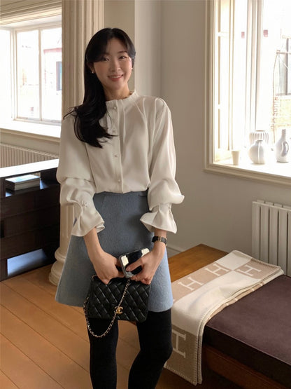 Pleated Petal Sleeve Blouse with Stand Collar