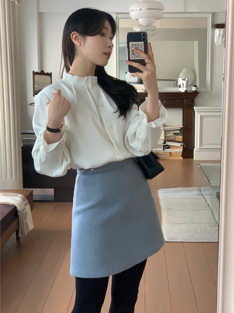 Pleated Petal Sleeve Blouse with Stand Collar