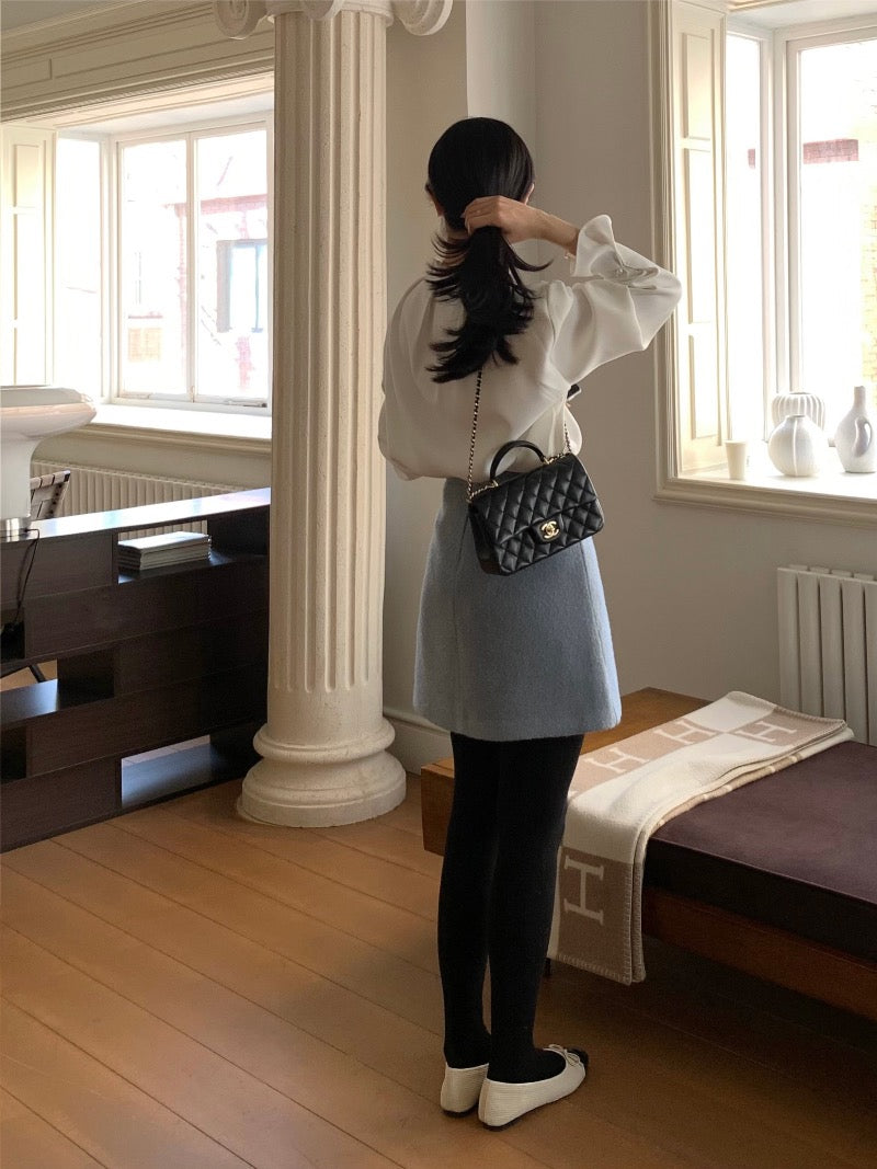 Pleated Petal Sleeve Blouse with Stand Collar