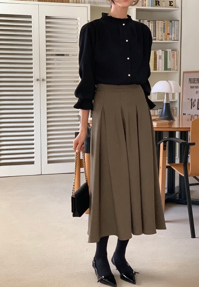 Pleated Petal Sleeve Blouse with Stand Collar