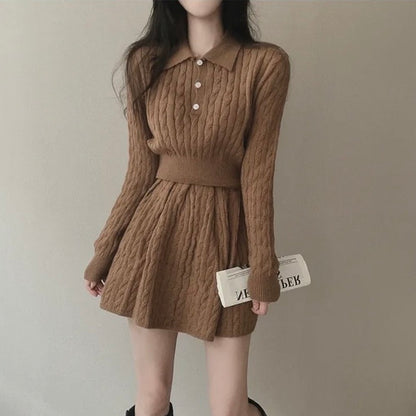 polo領麻花紋針織top+高腰壓褶半身裙set