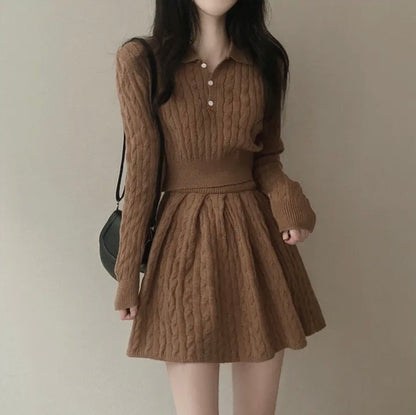 polo領麻花紋針織top+高腰壓褶半身裙set