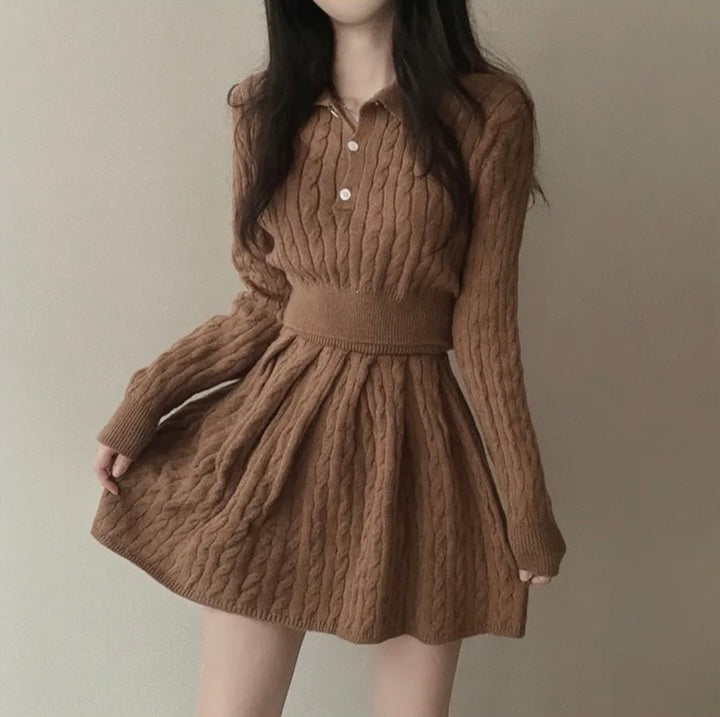 polo領麻花紋針織top+高腰壓褶半身裙set