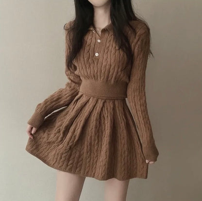 polo領麻花紋針織top+高腰壓褶半身裙set