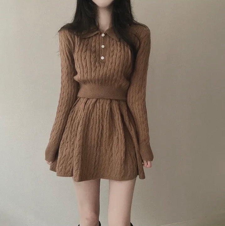 polo領麻花紋針織top+高腰壓褶半身裙set