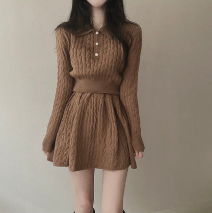 polo領麻花紋針織top+高腰壓褶半身裙set