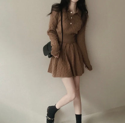 polo領麻花紋針織top+高腰壓褶半身裙set