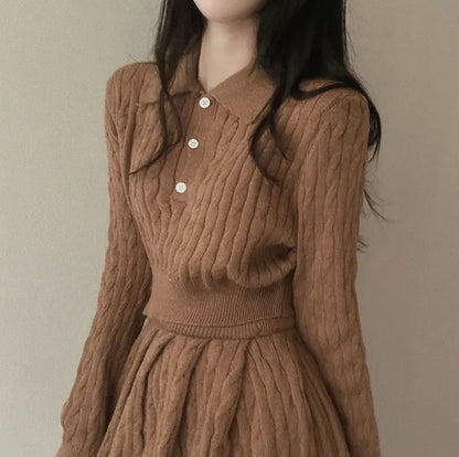 polo領麻花紋針織top+高腰壓褶半身裙set