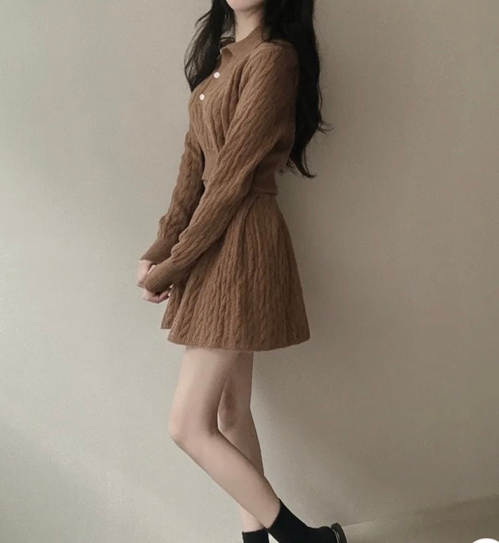 polo領麻花紋針織top+高腰壓褶半身裙set