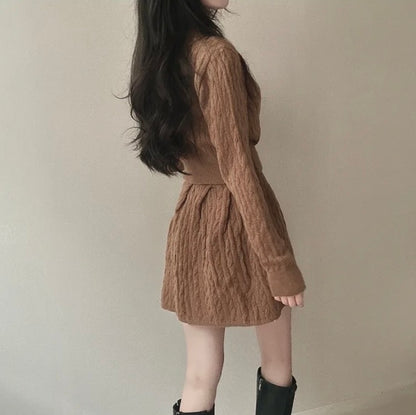 polo領麻花紋針織top+高腰壓褶半身裙set