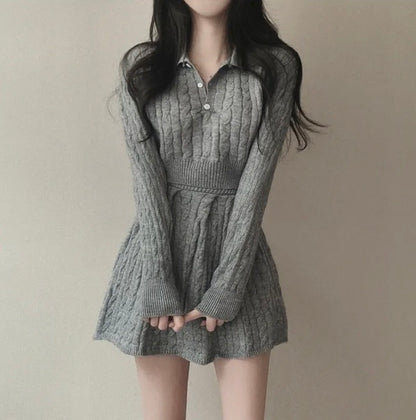 polo領麻花紋針織top+高腰壓褶半身裙set