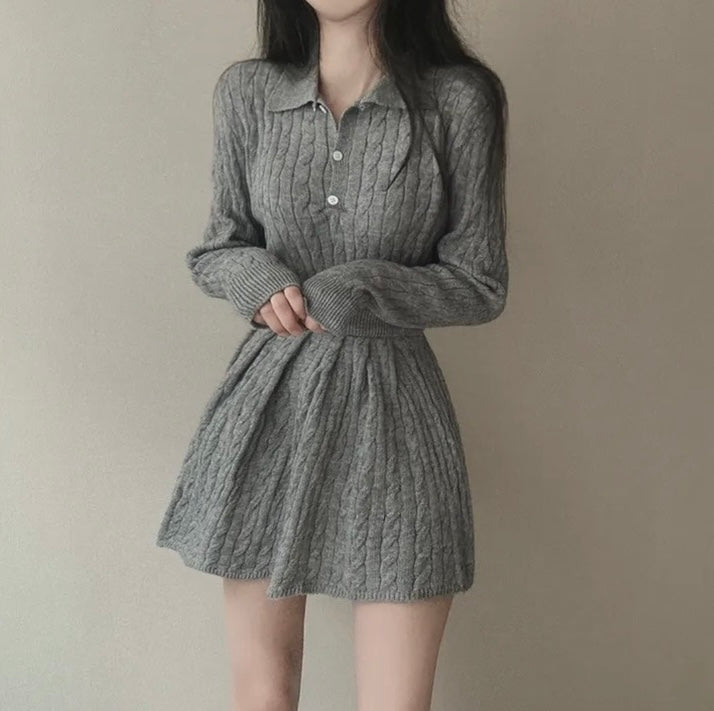 polo領麻花紋針織top+高腰壓褶半身裙set