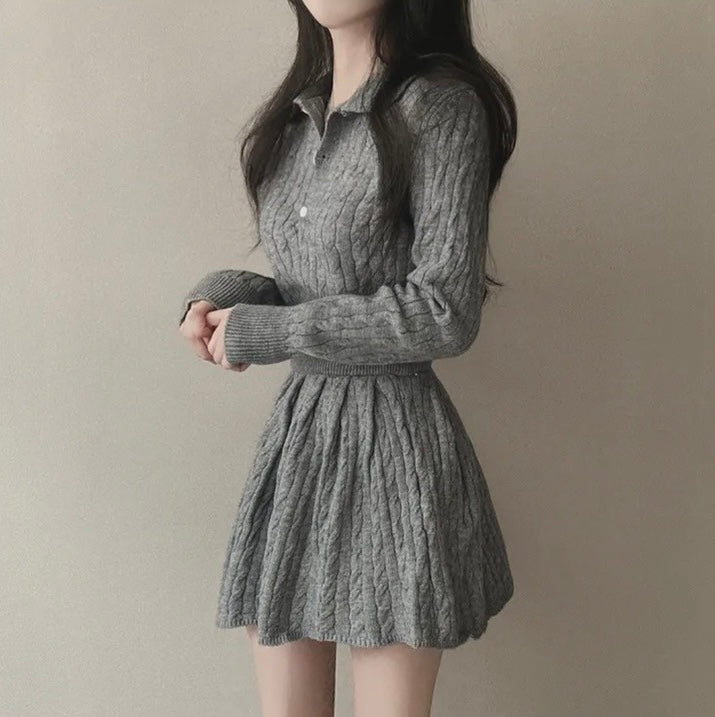 polo領麻花紋針織top+高腰壓褶半身裙set