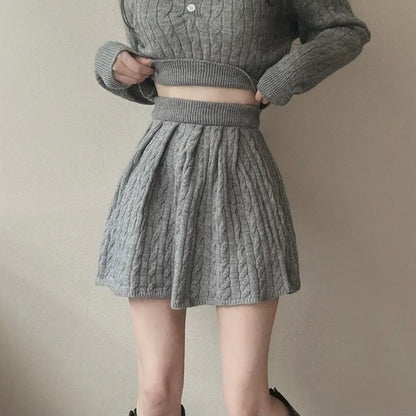 polo領麻花紋針織top+高腰壓褶半身裙set