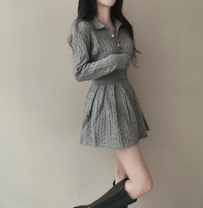 polo領麻花紋針織top+高腰壓褶半身裙set