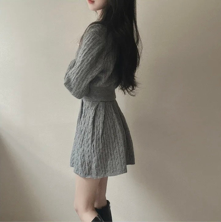 polo領麻花紋針織top+高腰壓褶半身裙set