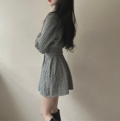 polo領麻花紋針織top+高腰壓褶半身裙set