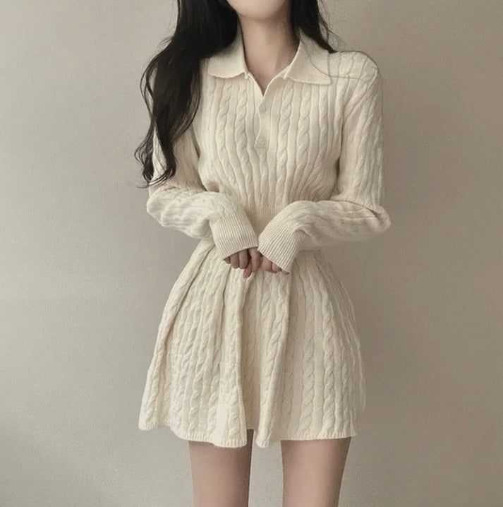 polo領麻花紋針織top+高腰壓褶半身裙set