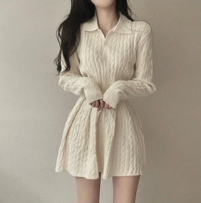 polo領麻花紋針織top+高腰壓褶半身裙set