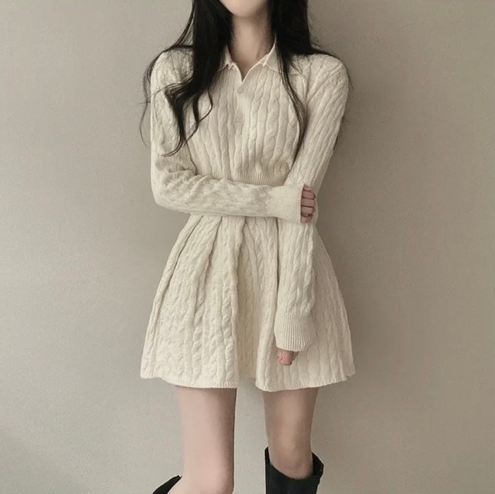 polo領麻花紋針織top+高腰壓褶半身裙set