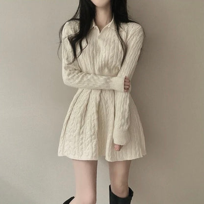 polo領麻花紋針織top+高腰壓褶半身裙set