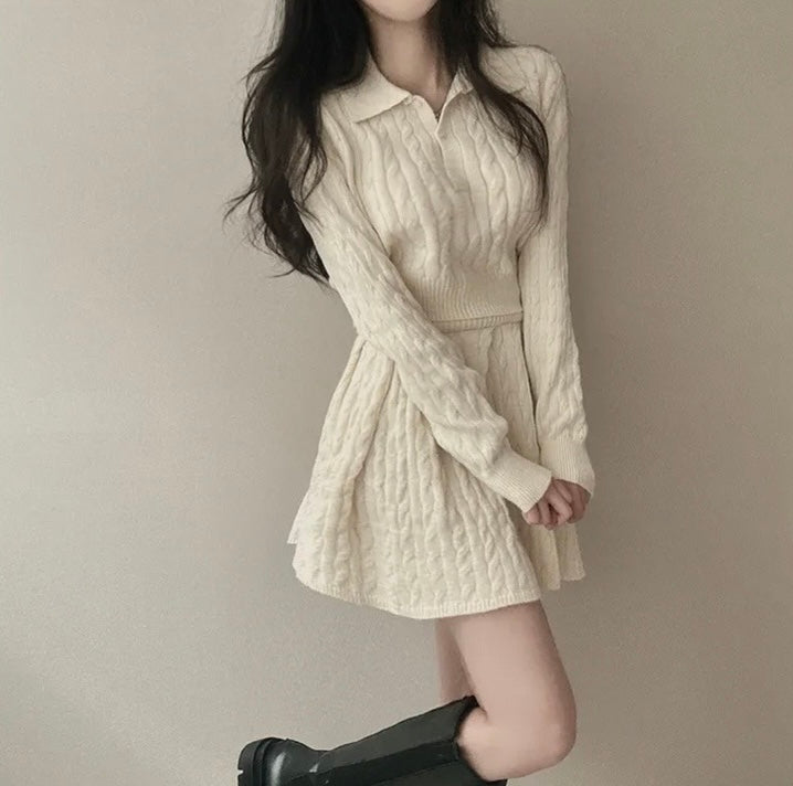 polo領麻花紋針織top+高腰壓褶半身裙set