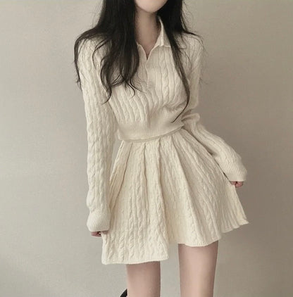 polo領麻花紋針織top+高腰壓褶半身裙set