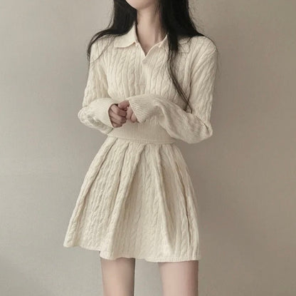 polo領麻花紋針織top+高腰壓褶半身裙set