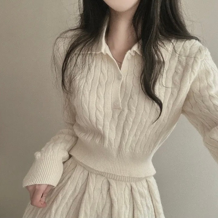 polo領麻花紋針織top+高腰壓褶半身裙set