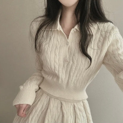 polo領麻花紋針織top+高腰壓褶半身裙set