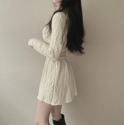 polo領麻花紋針織top+高腰壓褶半身裙set