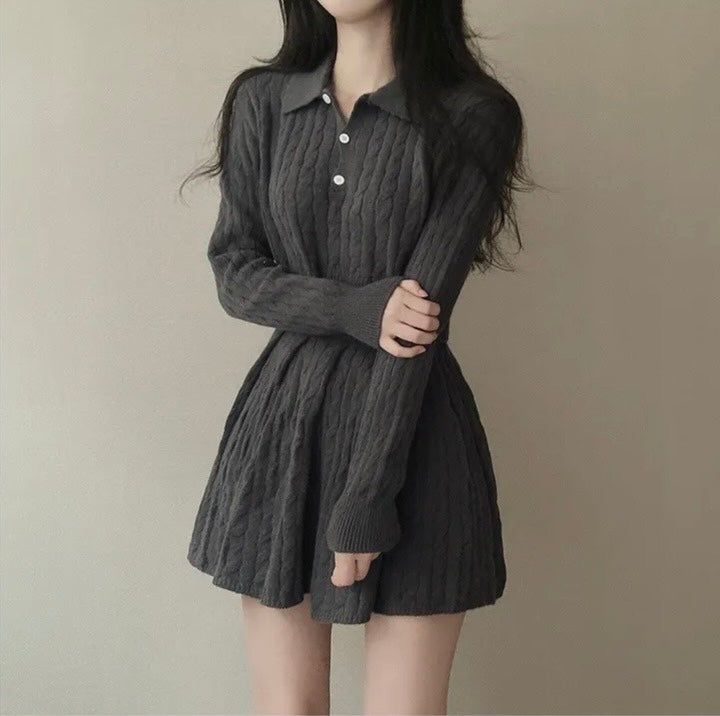 polo領麻花紋針織top+高腰壓褶半身裙set