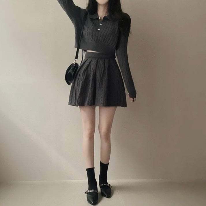 polo領麻花紋針織top+高腰壓褶半身裙set