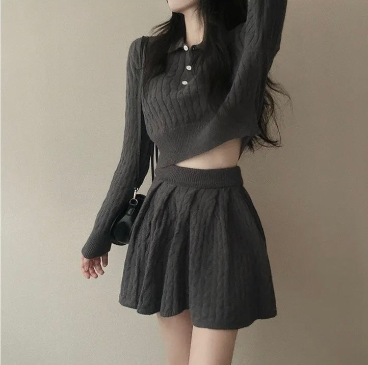 polo領麻花紋針織top+高腰壓褶半身裙set