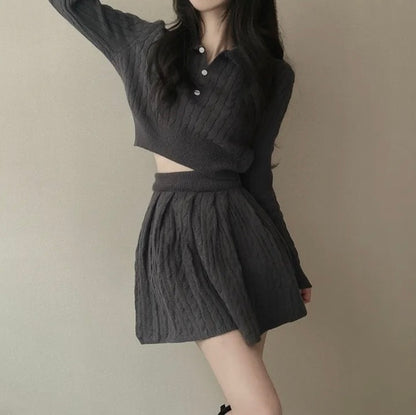 polo領麻花紋針織top+高腰壓褶半身裙set