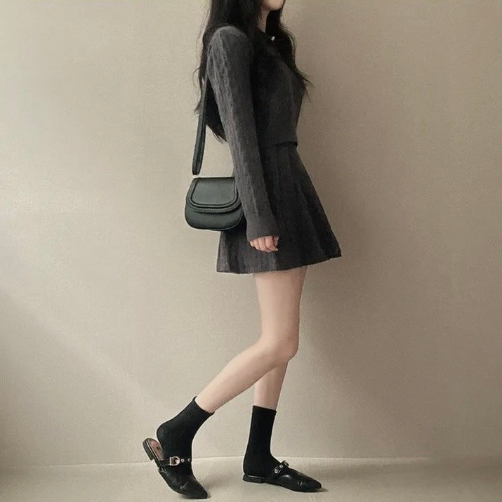 polo領麻花紋針織top+高腰壓褶半身裙set